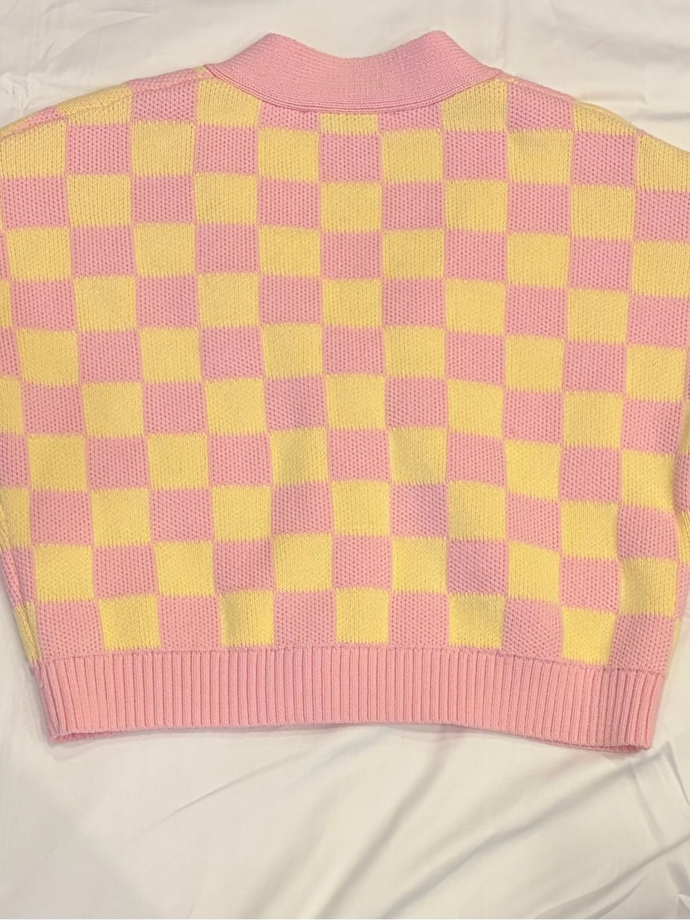 English Factory Pink and Yellow Checkered Cropped Cardigan - Picture 2 of 4